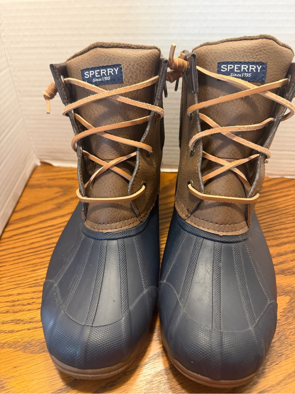 Sperry Brown Leather & Navy Rubber women’s Rain Boots. Stylish cute